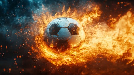 Fototapeta premium Soccer Ball Exploding with Fire and Energy on Dark Background