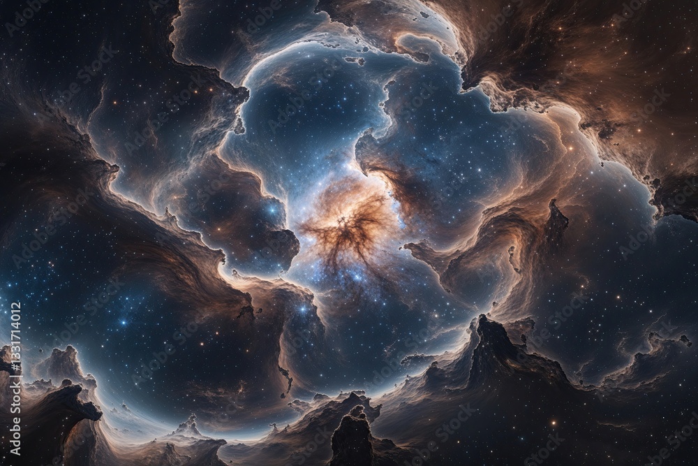 Poster 360-degree space nebula panorama: equirectangular projection of a cosmic environment map with stars 