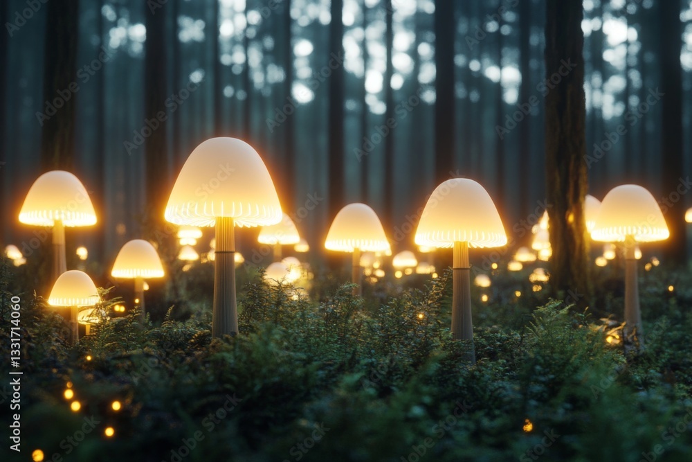 Aufkleber glowing mushroom lights create an enchanting atmosphere in a mystical forest during twilight