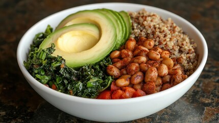 A vibrant bowl filled with quinoa, avocado, kale, beans, and tomatoes, showcasing a nutritious and colorful meal option.