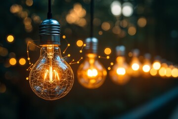 Twinkling string lights illuminate a forest pathway during early evening hours