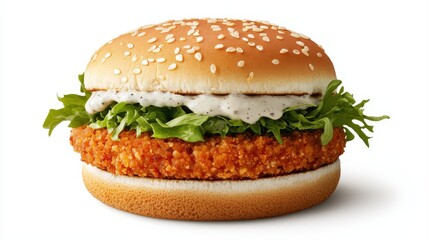 A delicious-looking crispy chicken burger with lettuce and sauce, served in a sesame seed bun.