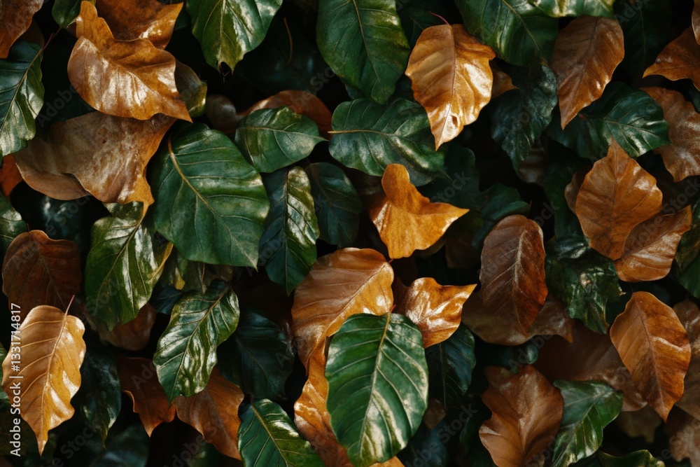 Poster Vibrant autumn leaves create a colorful tapestry in a serene garden setting during the late afternoon light