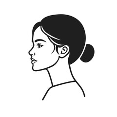 Elegant woman profile with bun hairstyle in black and white line art. Minimalist female portrait in side view with bun hairstyle