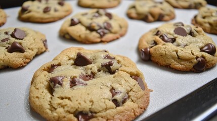 Freshly baked chocolate chip cookies on a tray, golden brown with gooey chocolate chunks, ready to be enjoyed.