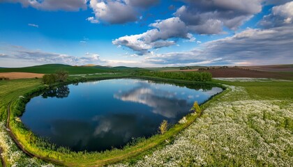 Obraz premium Generated image Drone shot of a lake reflecting a sky filled with fluffy spring clouds, surrounded by blooming