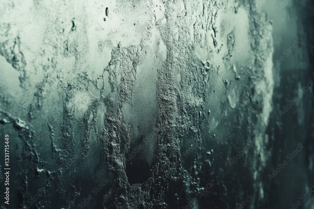 Poster steam condenses on a glass surface, creating a textured, misty effect in a warm environment
