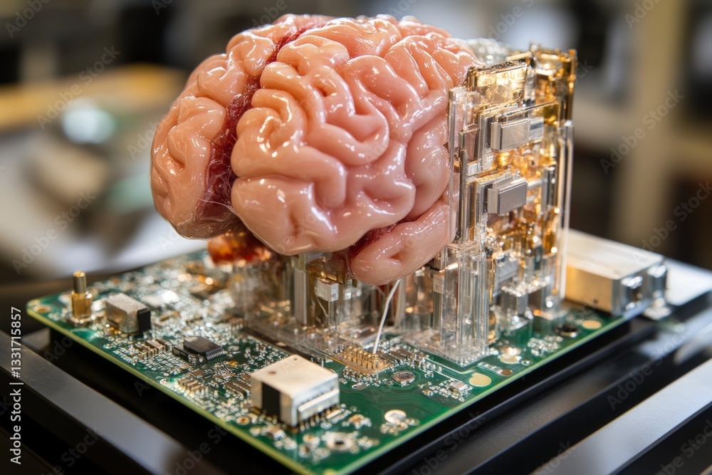 Poster brain model placed on a circuit board showcases the intersection of neuroscience and technology in a