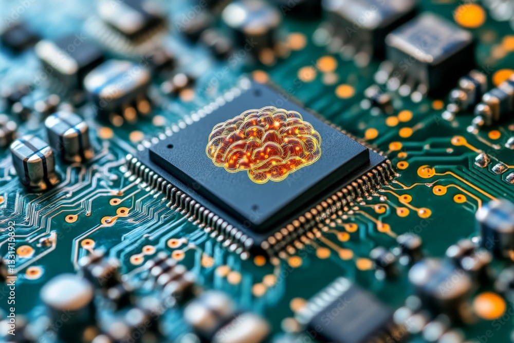 Poster mind of the machine: visualizing artificial intelligence on a circuit board in a futuristic tech env