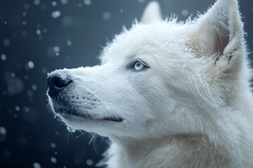 Obraz premium White dog gazes into the snowy winter landscape, surrounded by falling snowflakes during a tranquil moment