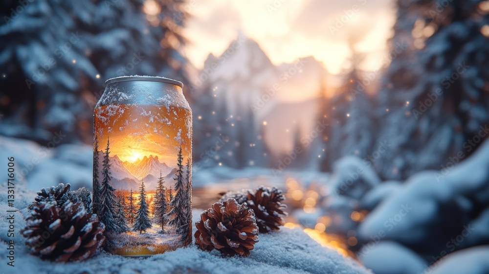 Poster a colorful beer can sits atop a snowy surface near a river, with pinecones scattered around. the sce
