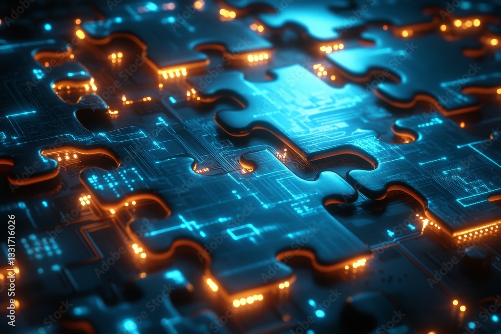 Poster Puzzle pieces with glowing circuitry design creating a technology theme in a dark setting