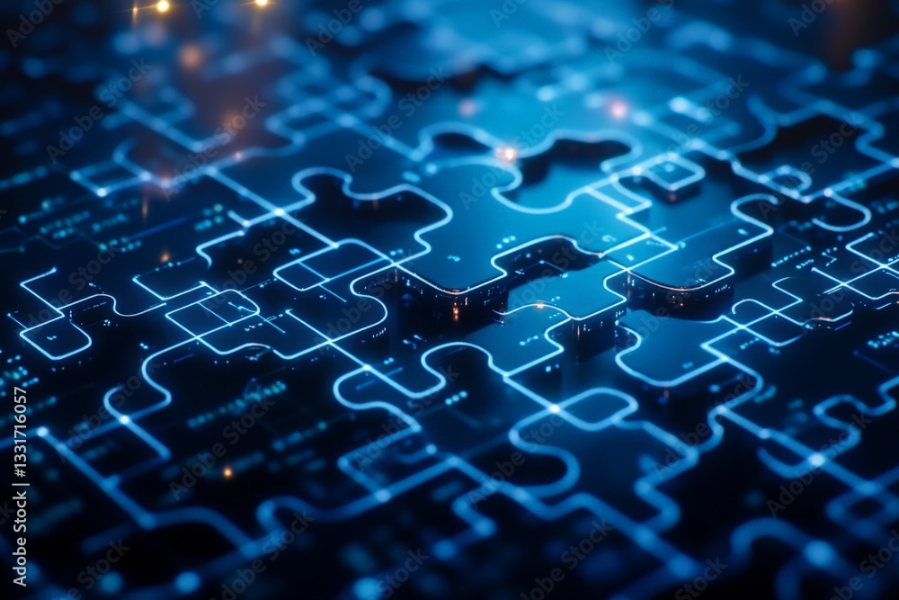 Poster Digital puzzle pieces illuminated with glowing patterns creating a modern abstract design