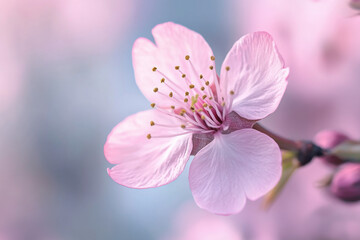 Obraz premium Close-up of a pink cherry blossom with delicate petals and soft background