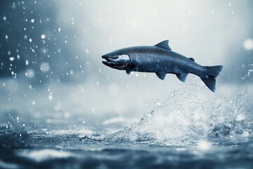 Fototapeta premium Salmon leaps out of water amidst swirling snowflakes on a chilly day
