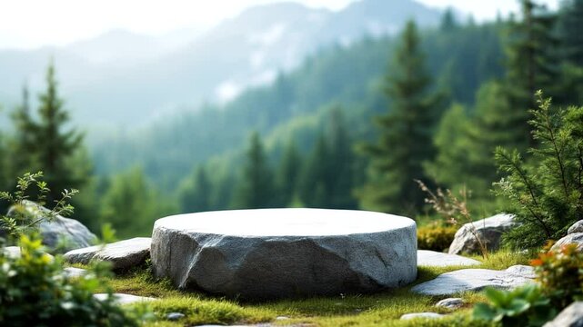 stone podium on rock platform 3d illustration on natural background. 4k Video. generated with AI