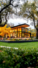 Modern home nestled in a lush autumnal landscape
