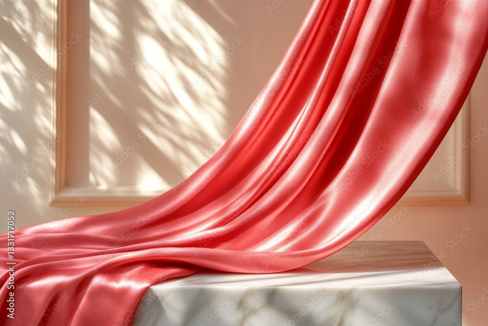Poster elegant coral silk drapes gracefully over a marble surface in soft natural light, creating a serene 