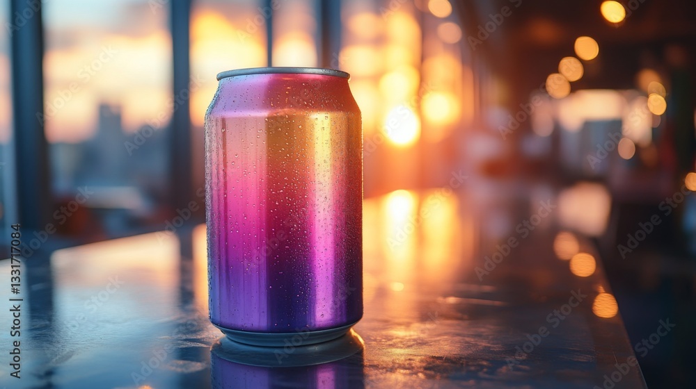 Aufkleber a vibrant beverage can is positioned on a reflective table as a warm sunset casts golden light throu