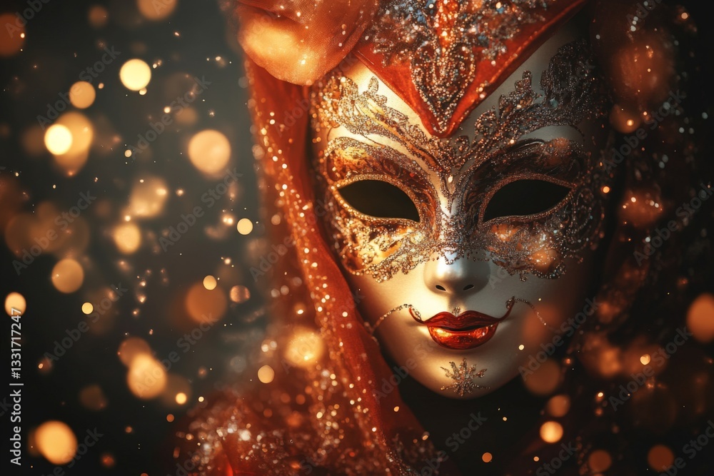 Poster captivating masquerade mask adorned with intricate designs and sparkling embellishments during a fes