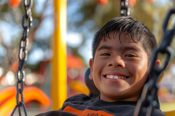 A joyful young Latino boy swinging in a colorful playground, smiling brightly under the sun.