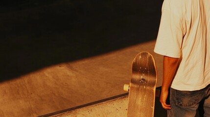 Skater poised on edge, contemplating jump into sunset-lit skatep