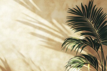 Lush green palm leaves creating elegant shadows on a textured wall in soft sunlight