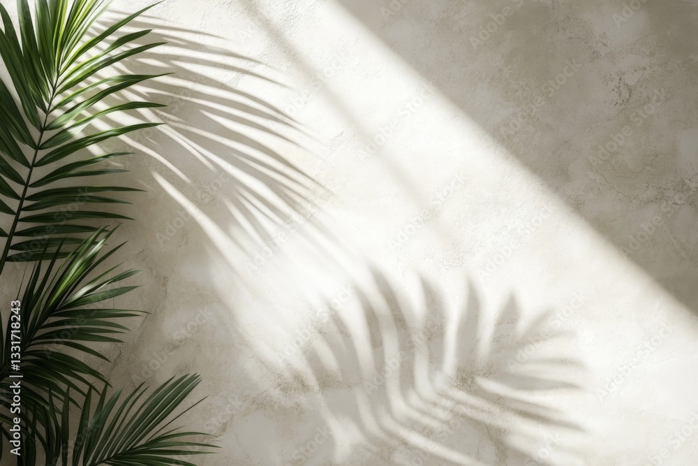 Poster soft shadows from lush green leaves cast on a light wall in a serene indoor setting during the after
