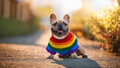 Generated image Happy French bulldog wearing knitted rainbow jumper on dog walk. Smiling pet dog pride month