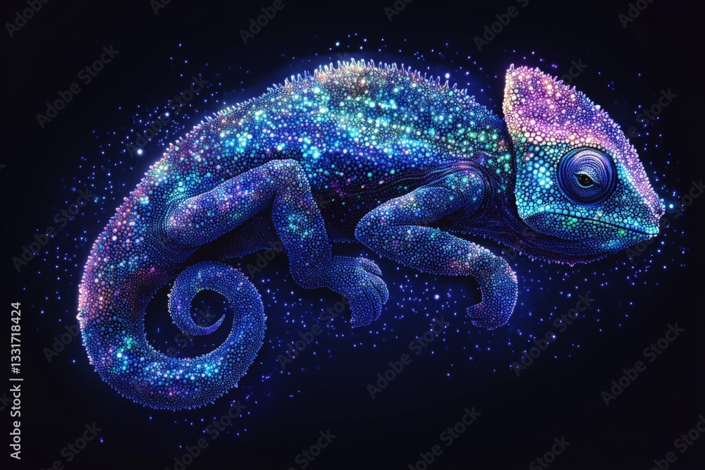 Poster colorful chameleon illuminated with vibrant patterns on a dark background at night