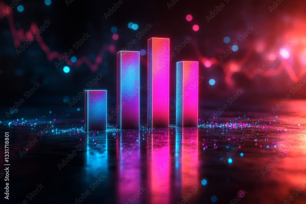 Aufkleber Colorful bar graph rises with glowing effects on a sleek surface during a digital data analysis