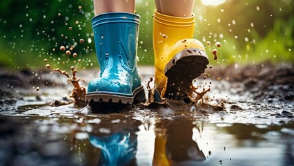 Close-Up of Colorful Rubber Boots in a Puddle Illustration for Jump in Muddy Puddles Day