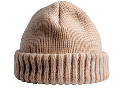 Winter, knitted light brown wool hat. Transparent background.