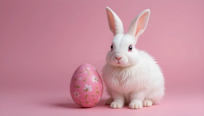 Fototapeta premium CLOS UP VIEW OF Easter bunny rabbit with pink painted egg on pink background. Easter holiday concept. 