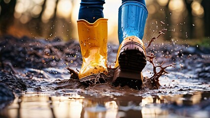 Close-Up of Colorful Rubber Boots in a Puddle Illustration for Jump in Muddy Puddles Day
