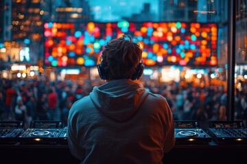 Crowd gathering in a vibrant city square as DJ performs in the evening under colorful lights