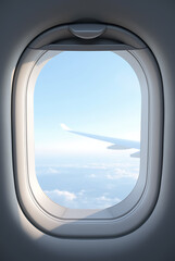 View from an airplane window with wing and clear sky during a daytime flight over distant landscape