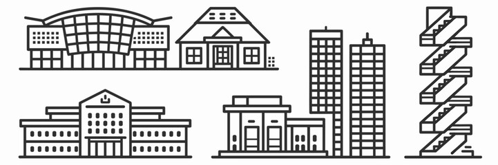 Fototapeta premium Vector art of building icons on a white background with modern, traditional, and unique designs – Ideal for architecture, real estate, or design-related content.