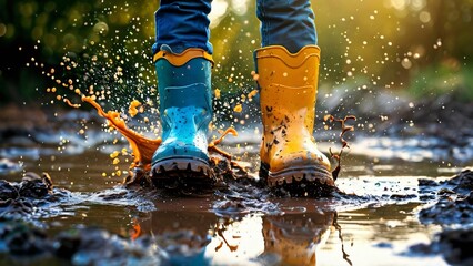 Close-Up of Colorful Rubber Boots in a Puddle Illustration for Jump in Muddy Puddles Day