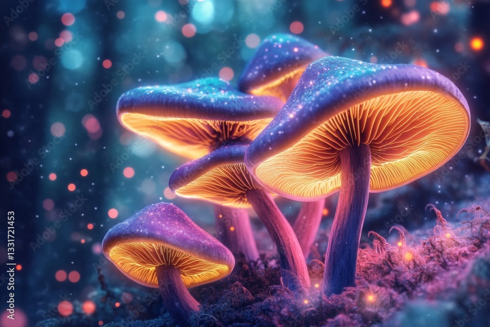 Aufkleber glowing mushrooms illuminated by ethereal lights in a dark forest at twilight
