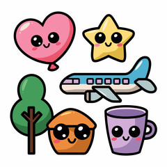 Kawaii vector art of travel icons including pink heart balloon, yellow star, blue airplane, green tree, and purple cup on a white background