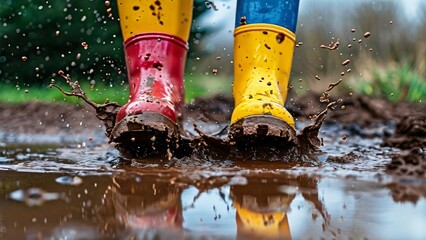 Close-Up of Colorful Rubber Boots in a Puddle Illustration for Jump in Muddy Puddles Day