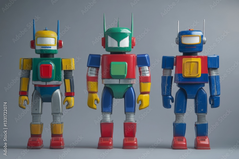 Poster Vintage robot toys arranged in colorful display showcasing unique designs and features with bright colors and distinct shapes