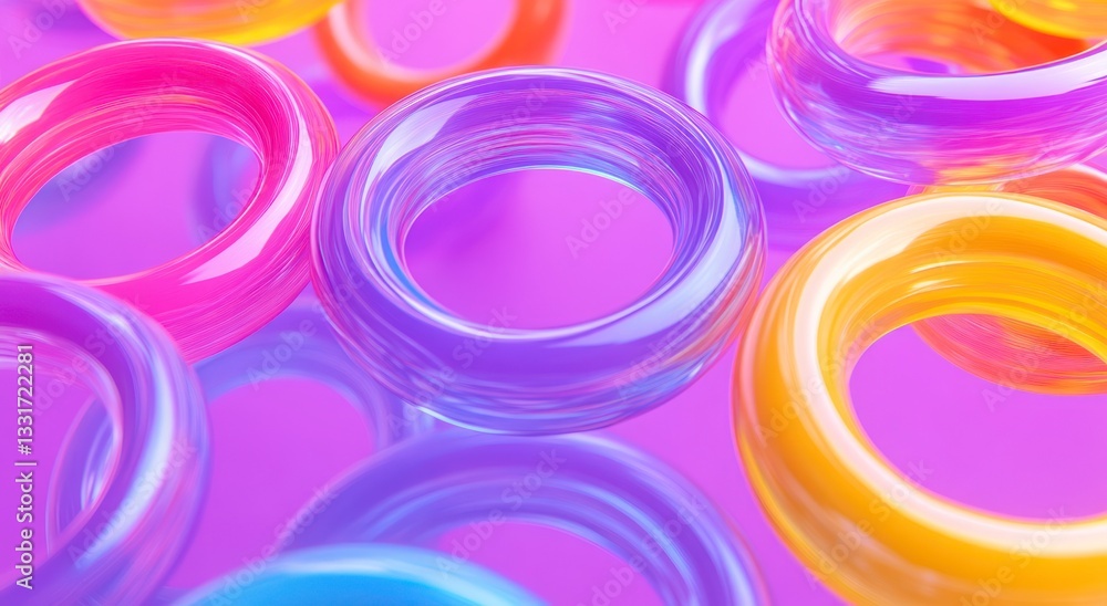 Poster colorful rings background close-up render with smooth texture and light