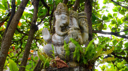 An old hindu stone statue of Ganesha covered with moss, standing on the str..