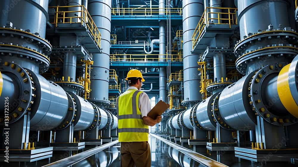 Aufkleber industrial engineer inspecting large metal pipelines in a high-tech processing facility with advance