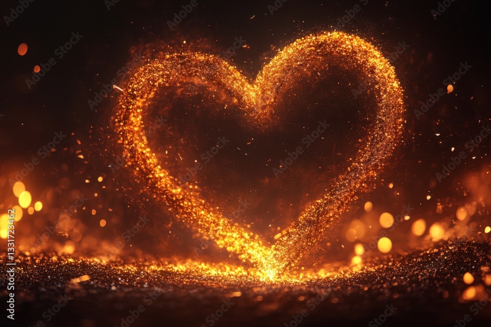 Poster Sparkling heart shape created by bright particles against a dark background during a magical evening setting