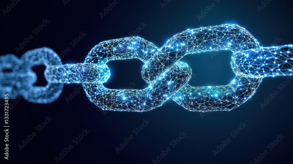 Poster digital representation of a chain link created with futuristic particles and glowing effects