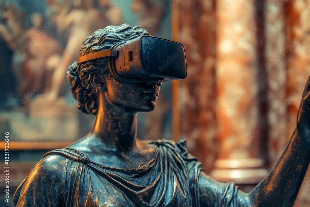 Poster virtual reality headset enhances the experience of viewing classical sculpture in an art gallery