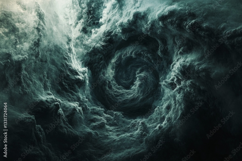 Poster swirling dark clouds create a mysterious vortex in the sky during a dramatic stormy evening